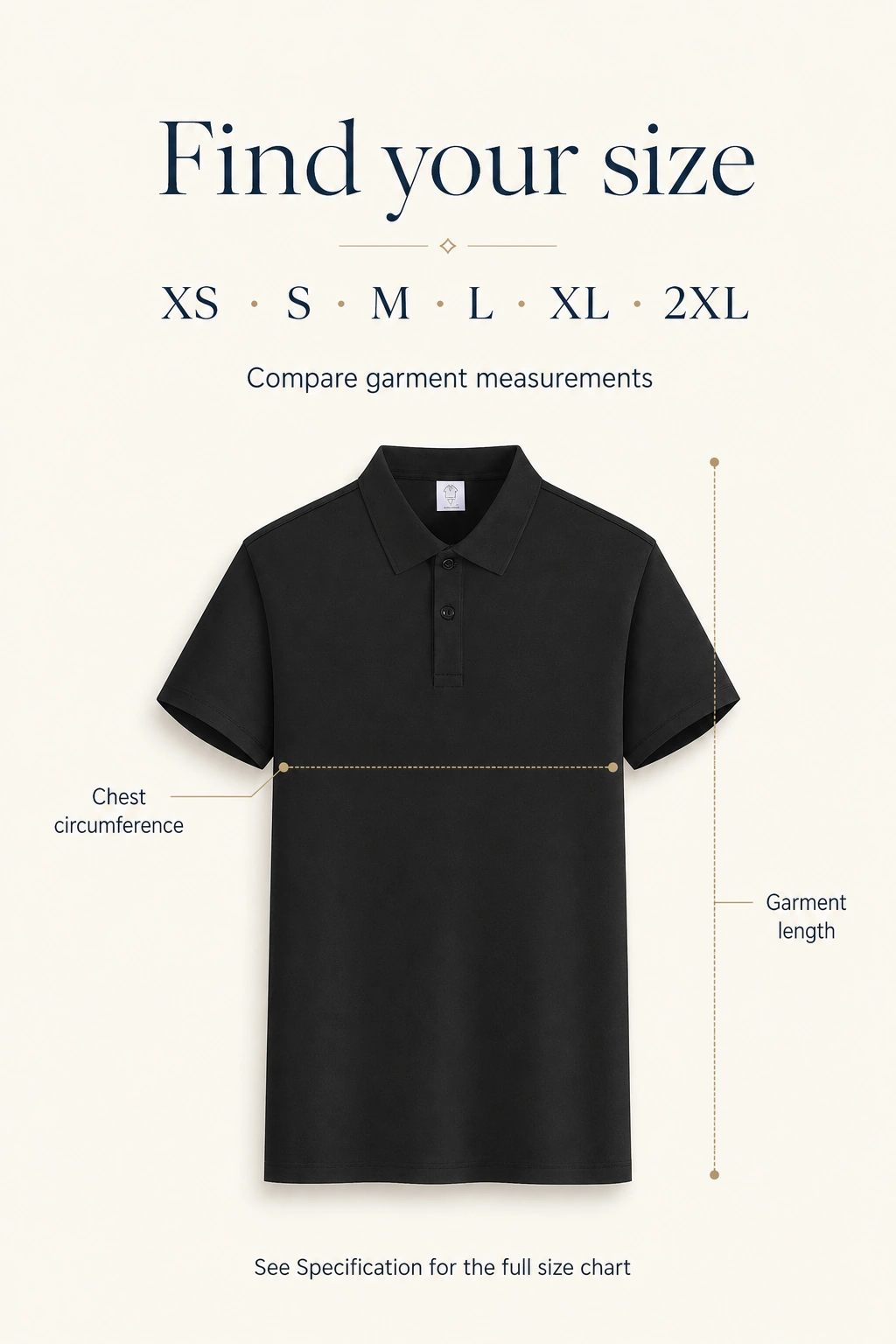 Schwarzes Polo mit Hinweisen zur Größenwahl