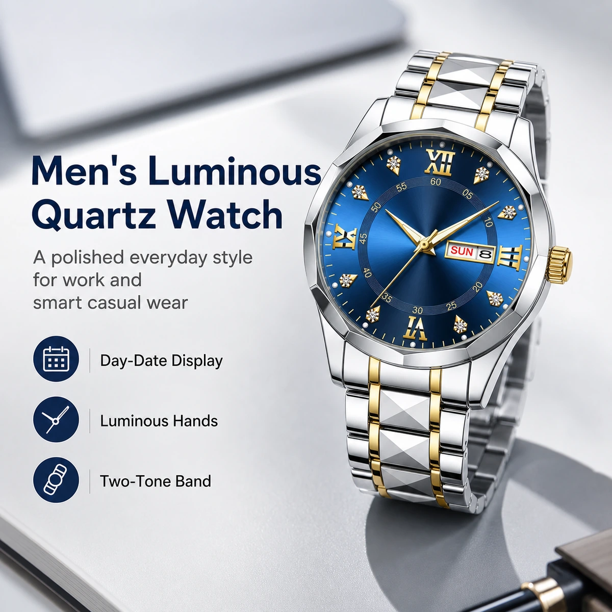Men's Luminous Water-Resistant Quartz Watch with Stainless Steel Band product detail