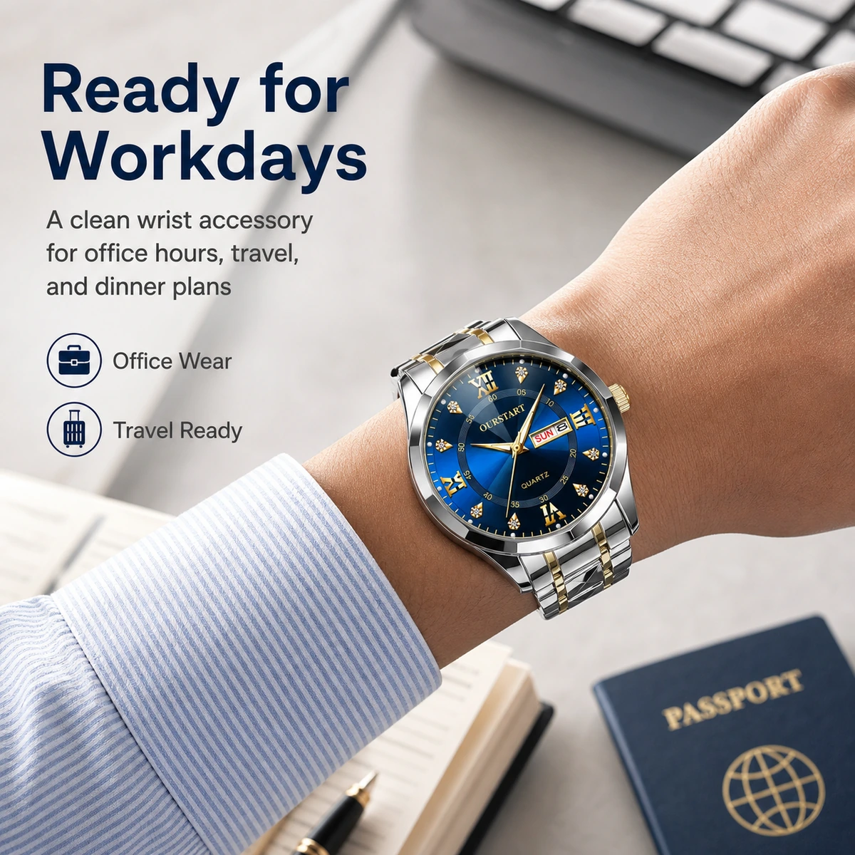 Men's Luminous Water-Resistant Quartz Watch with Stainless Steel Band fit or use detail