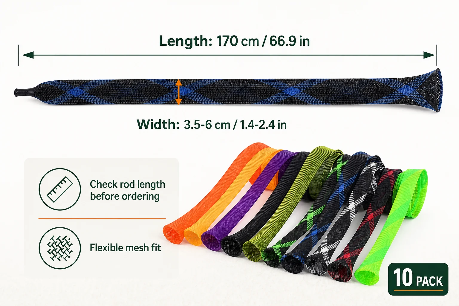 Infografica su misura e vestibilità per copricanne da 170 cm in rete PET flessibile