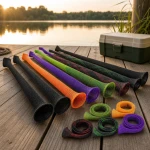 Copricanne in rete estesi e arrotolati su un pontile di legno, accanto a una cassetta da pesca e all'acqua del lago
