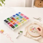 Garnorganizer neben einer Hand beim Sticken von Blumen im Stickrahmen, mit losen Spulen und Schere