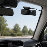 Dash camera shown near the rearview mirror with a cable running toward the windshield edge