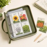 Raccoglitore aperto per semi con bustine etichettate nelle pagine con tasche trasparenti