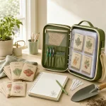 Organizer aperto per semi con vano in rete e passanti per penne accanto a materiali da giardinaggio