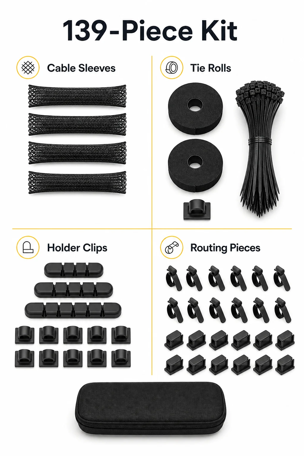 139-Piece Kit contents infographic for black cable management organizer pieces