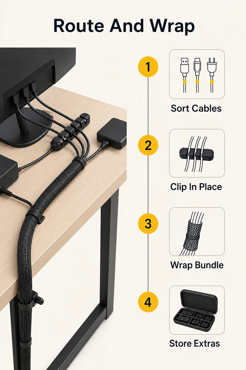Route And Wrap step guide for computer desk cable routing