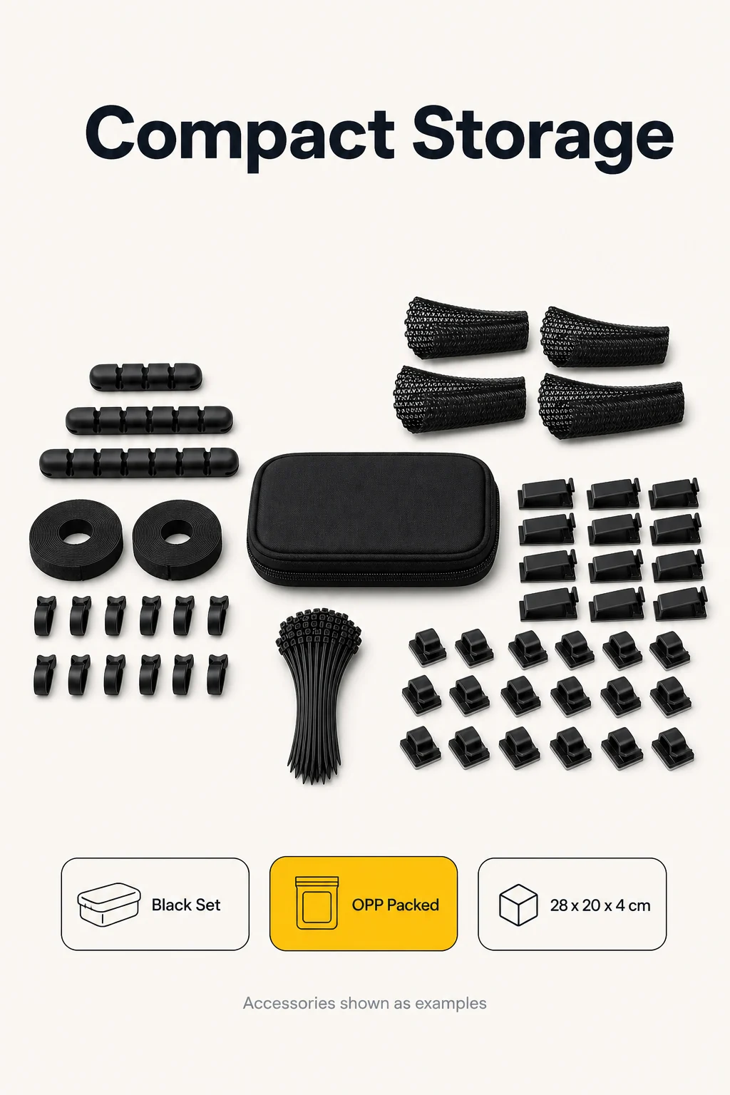 Compact Storage infographic for black cable management organizer set