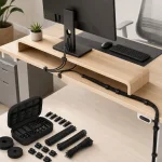 Black cable sleeves routing cords along a desk edge beside a monitor and loose organizer pieces
