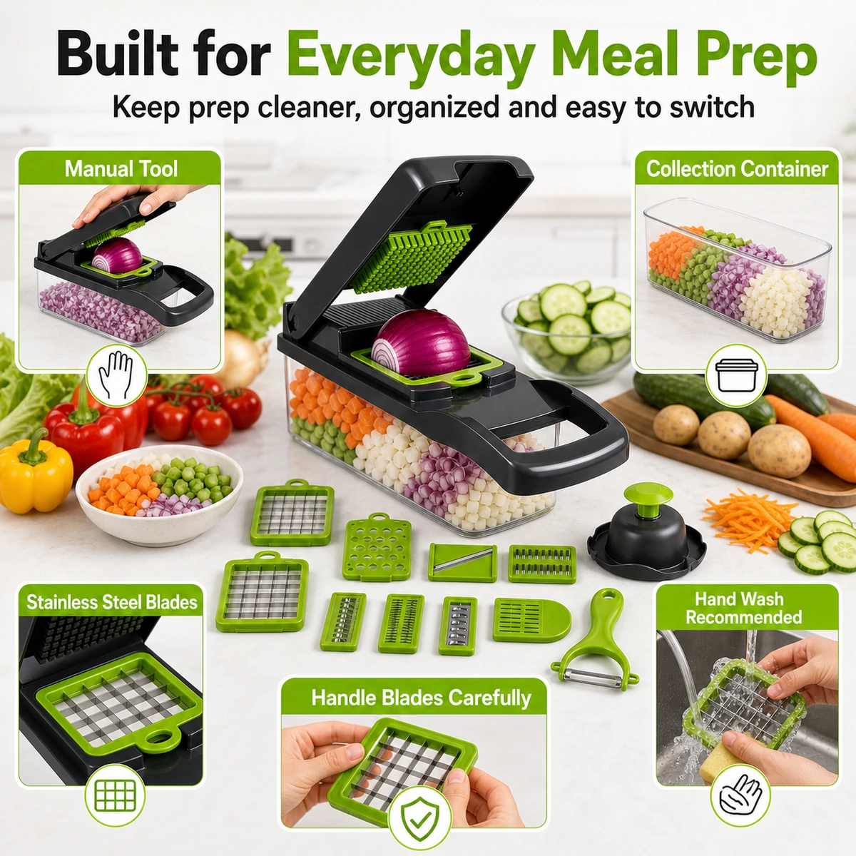 16-in-1 Manual Vegetable Chopper and Mandoline Slicer with Container material and structure detail