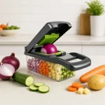 Vegetable chopper holding diced vegetables beside an onion, cucumber and carrot