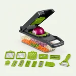 Angled view of an open vegetable chopper with green inserts arranged in front