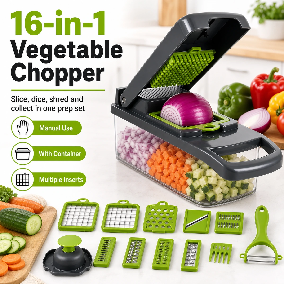 16-in-1 Manual Vegetable Chopper and Mandoline Slicer with Container daily use scene