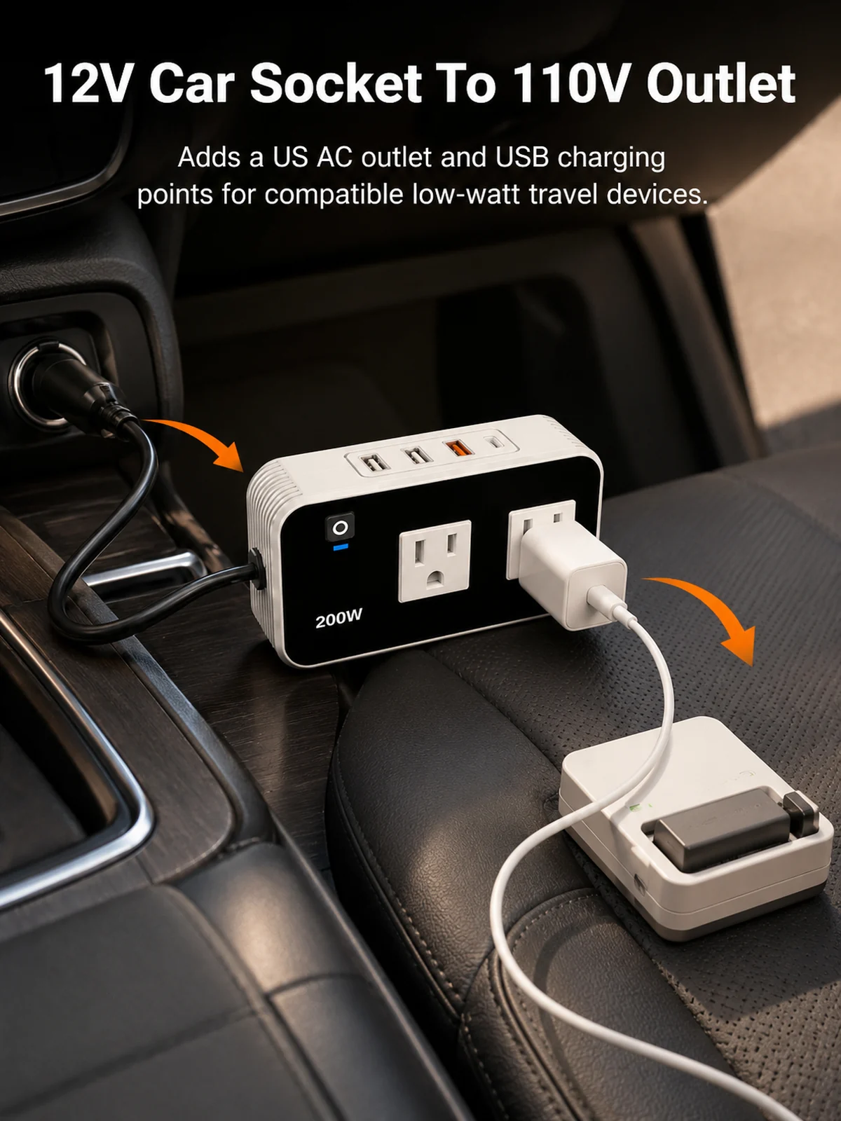 Imagen de detalle para Inversor de coche 200W de 12V a 110V con USB y Type-C
