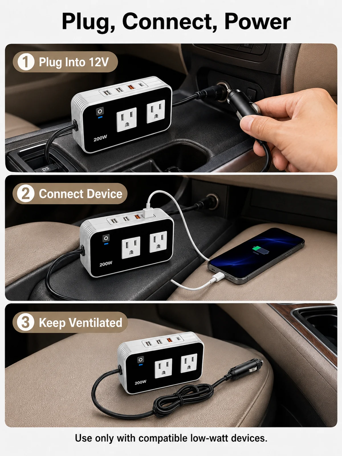 Detalle de material y estructura para Inversor de coche 200W de 12V a 110V con USB y Type-C
