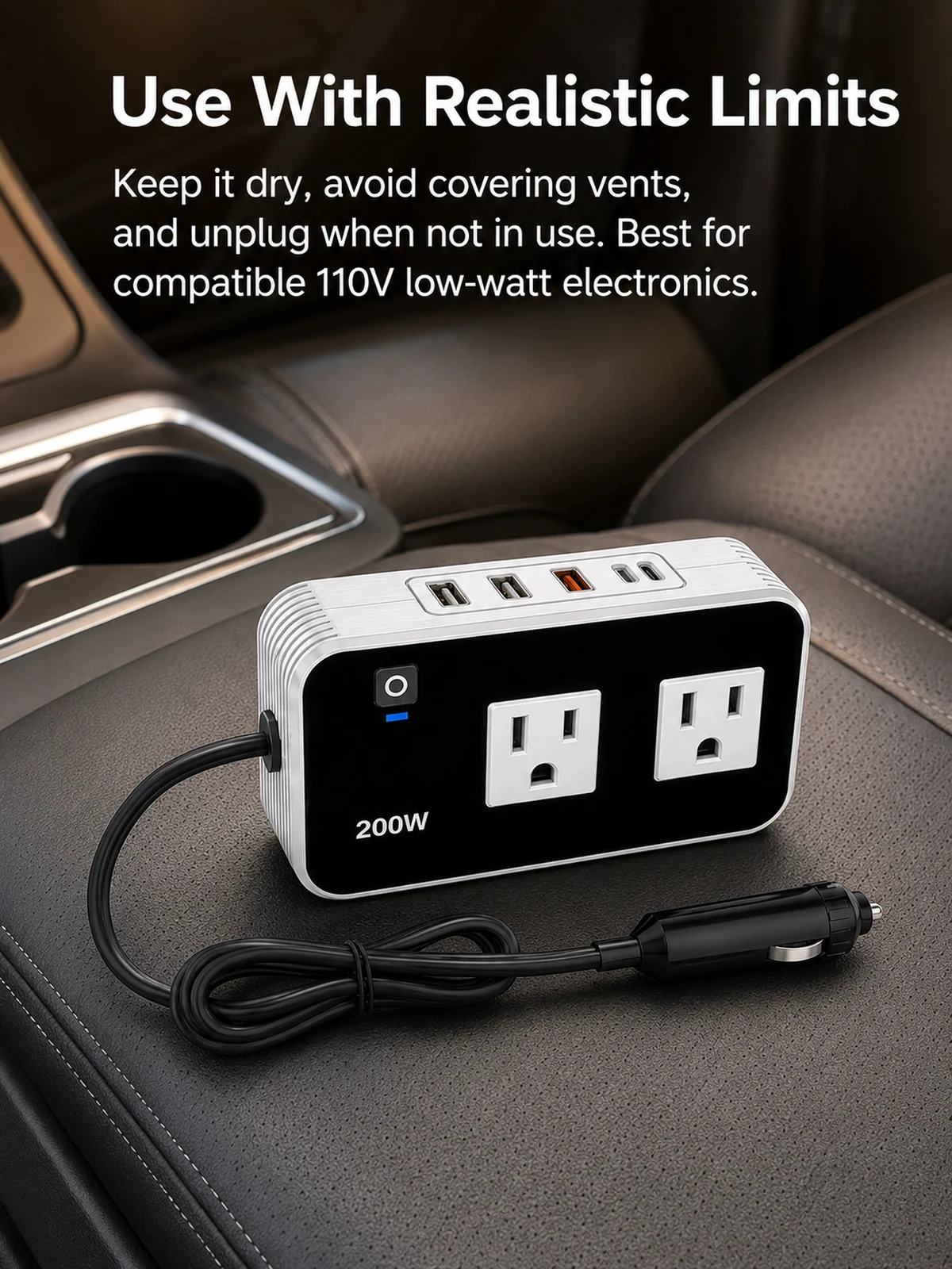 Comprobación antes de comprar para Inversor de coche 200W de 12V a 110V con USB y Type-C