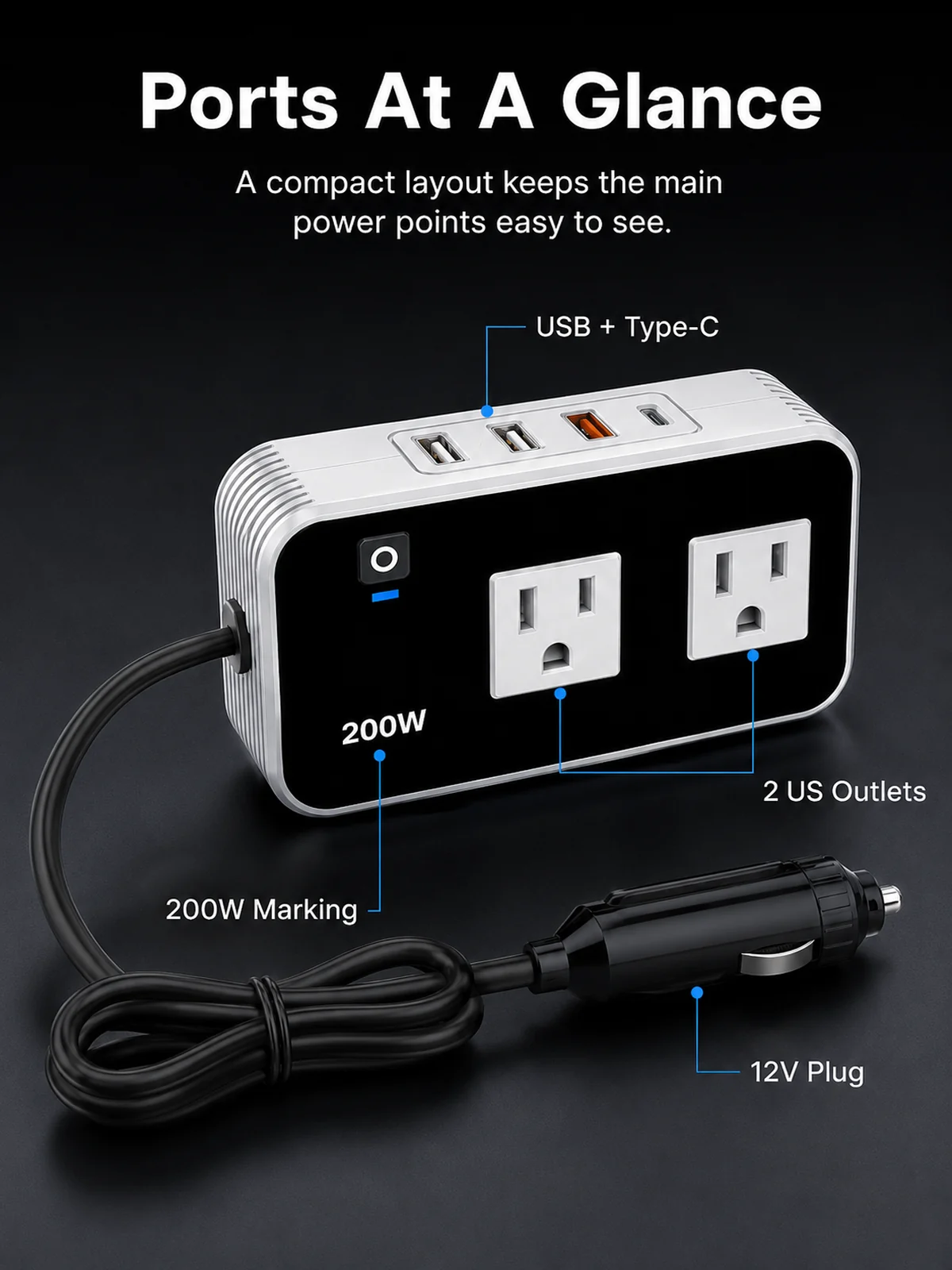 Detalle de tamaño o uso para Inversor de coche 200W de 12V a 110V con USB y Type-C