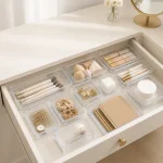 Clear trays organizing brushes, makeup and small accessories inside a drawer