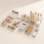 Clear organizer trays holding makeup, brushes, jewelry and stationery on a tabletop