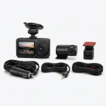 Dash camera kit shown with a screen unit, cylindrical camera, small square camera and three cables