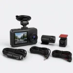 Angled view of three car camera units with coiled cables arranged in front