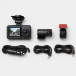 Three car camera units and their displayed cables arranged in two rows