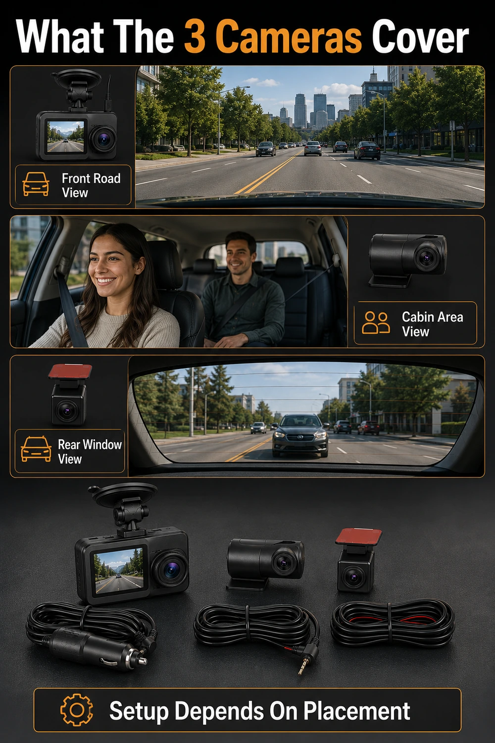 3-channel dash camera coverage for front cabin and rear views