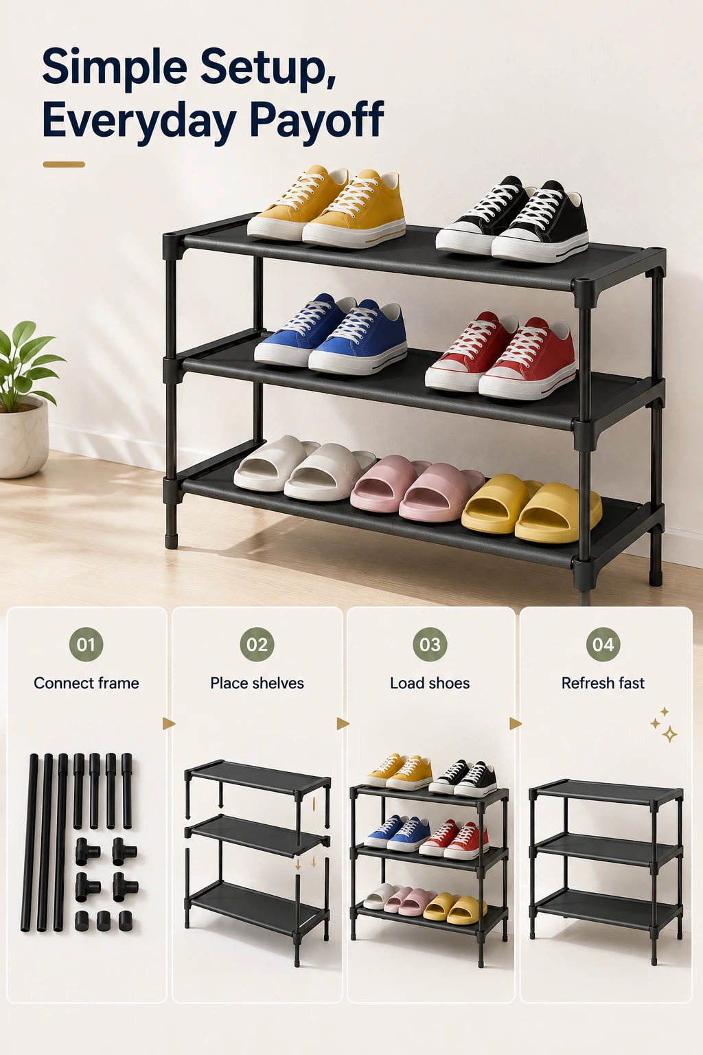 3-Tier Stackable Shoe Rack for Entryway & Closet Storage daily use scene