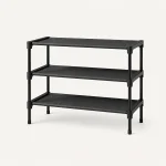 Empty black three-tier shoe rack viewed from the front at an angle