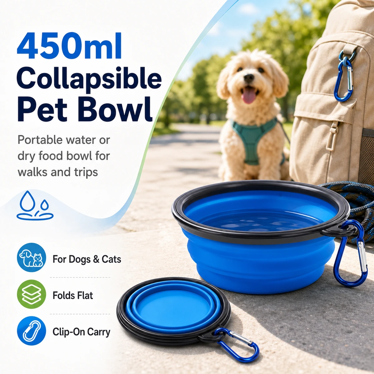 Tigela dobrável de viagem 450 ml para cães e gatos material e estrutura