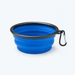 Tigela azul expansível para animais, aberta, com borda preta e clipe