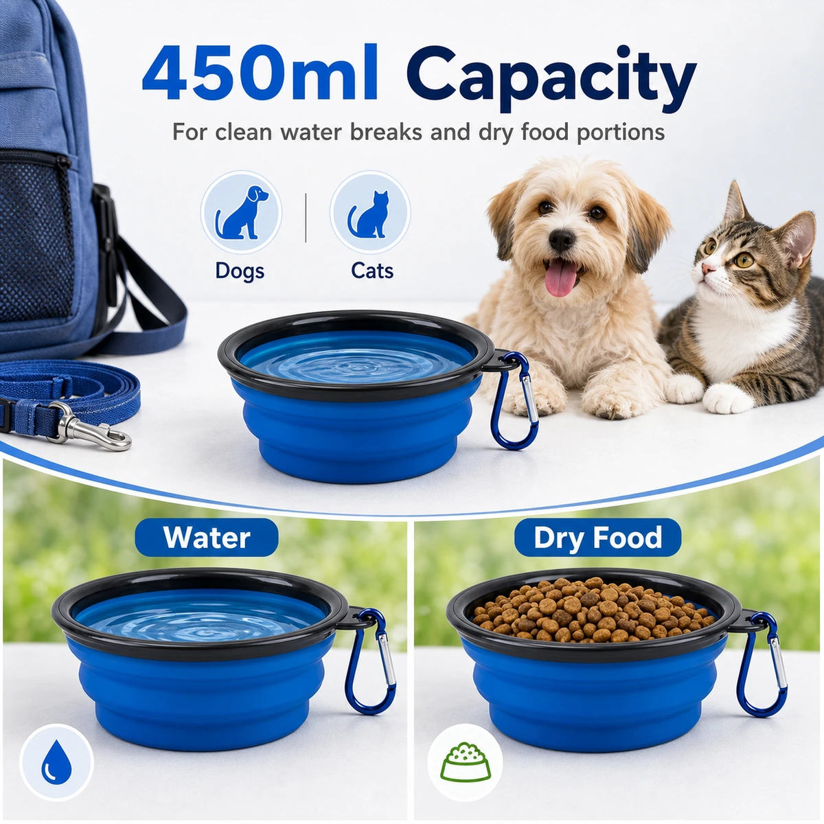 Tigela dobrável de viagem 450 ml para cães e gatos cena diária