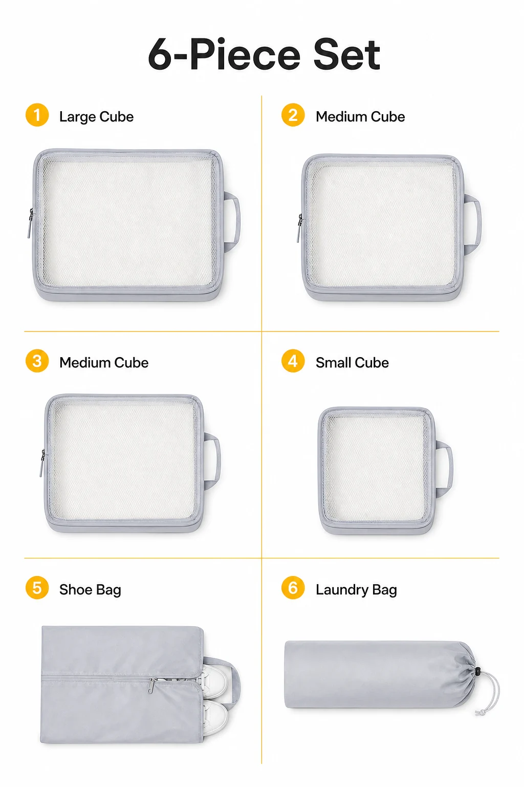 infografica set da 6 pezzi con cubo grande medi piccolo borsa scarpe e biancheria