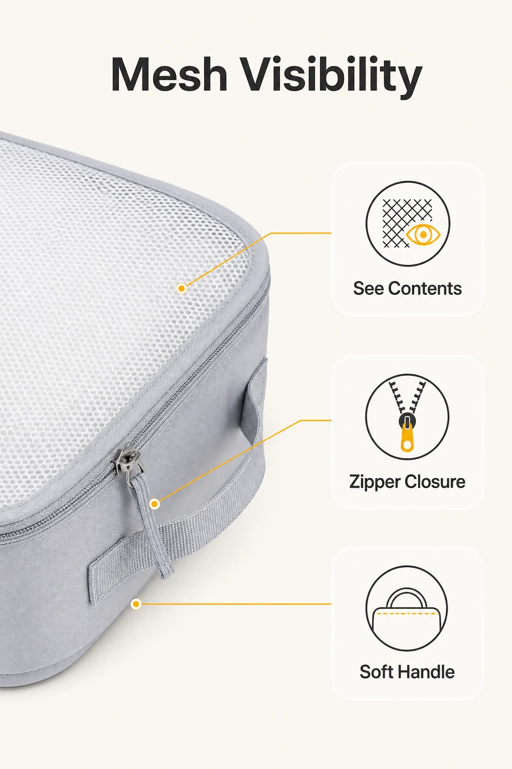 infografica Mesh Visibility con mesh zip e manico morbido
