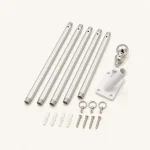 Five flag pole sections laid out with a silver ball finial, white bracket and mounting hardware