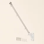 Assembled flag pole with a silver ball finial and angled wall bracket, with fasteners below