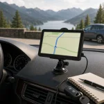 Navegador GPS no painel perto de um caderno, com um lago visível através do para-brisa