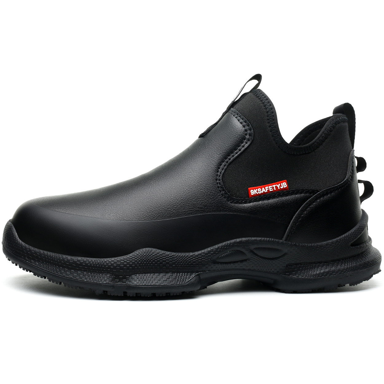 Black model 926 slip-on chef work shoe shown from the side on a white background