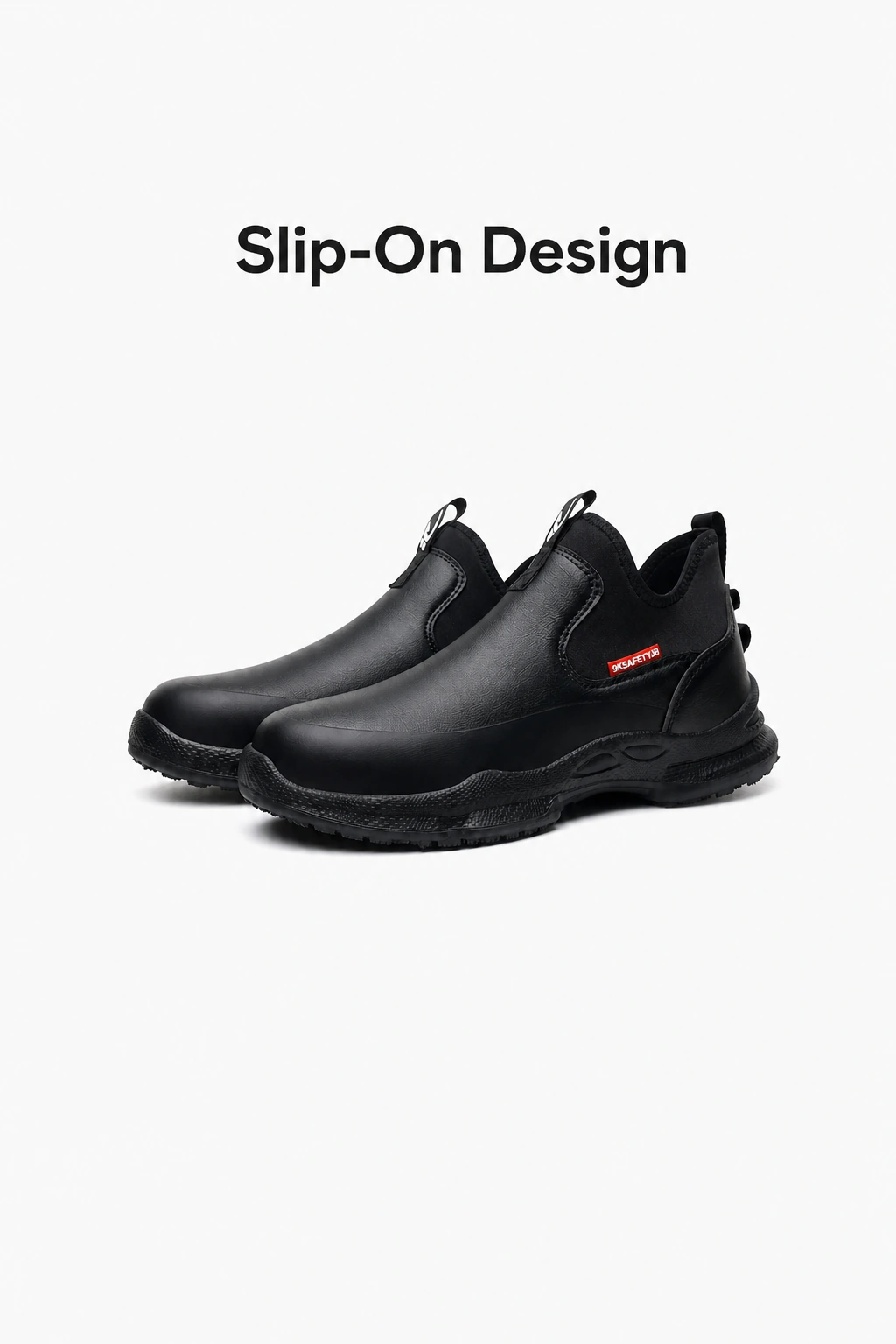 Paio di scarpe nere senza lacci con il titolo Slip-On Design