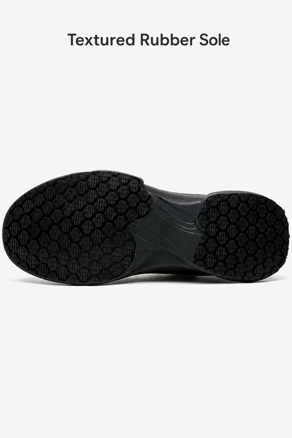 Vista inferiore della suola nera in gomma con tasselli e il titolo Textured Rubber Sole