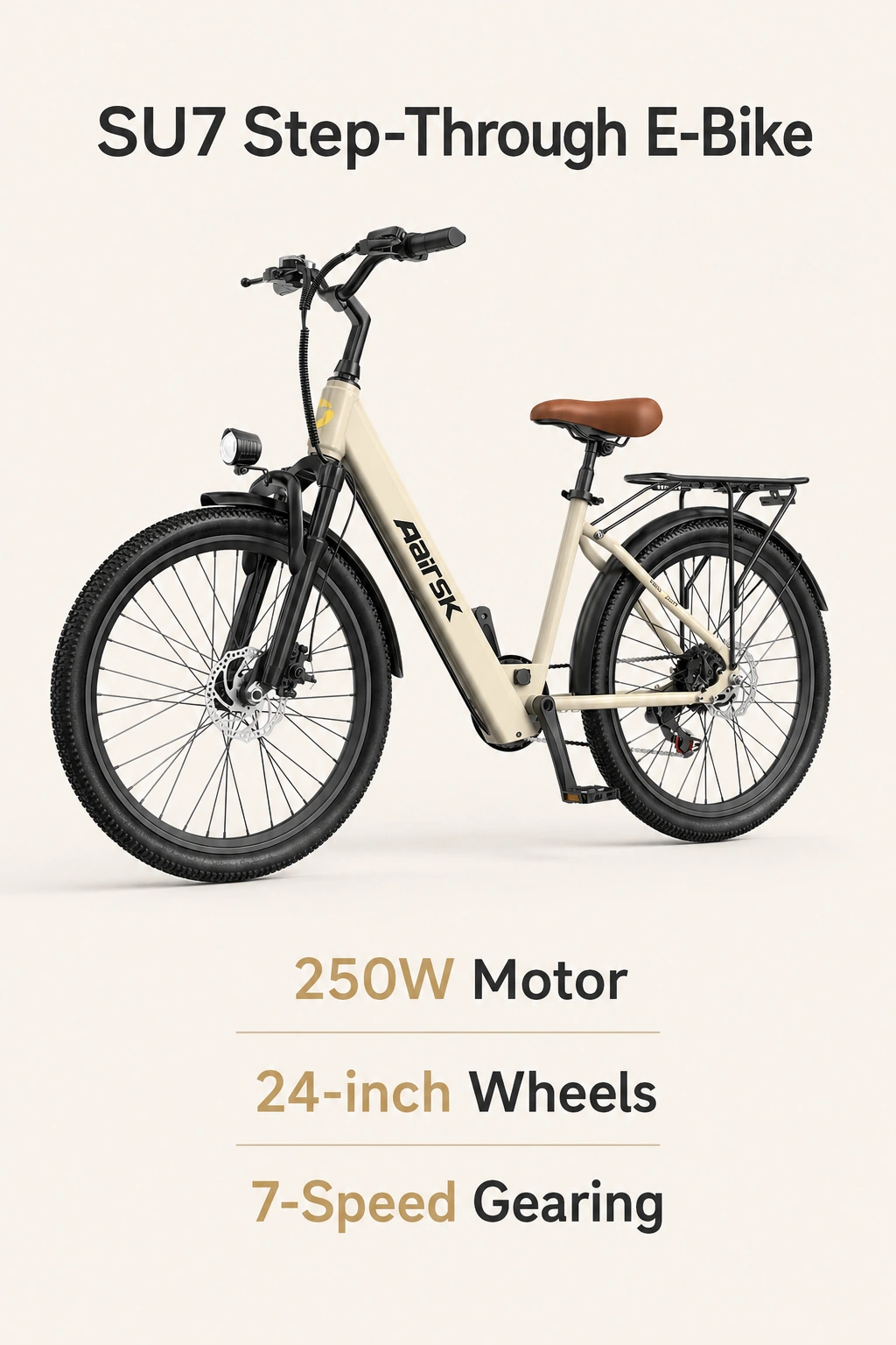 Bicicleta caqui sobre rótulos en inglés que indican motor de 250 W, ruedas de 24 pulgadas y cambio de 7 velocidades.