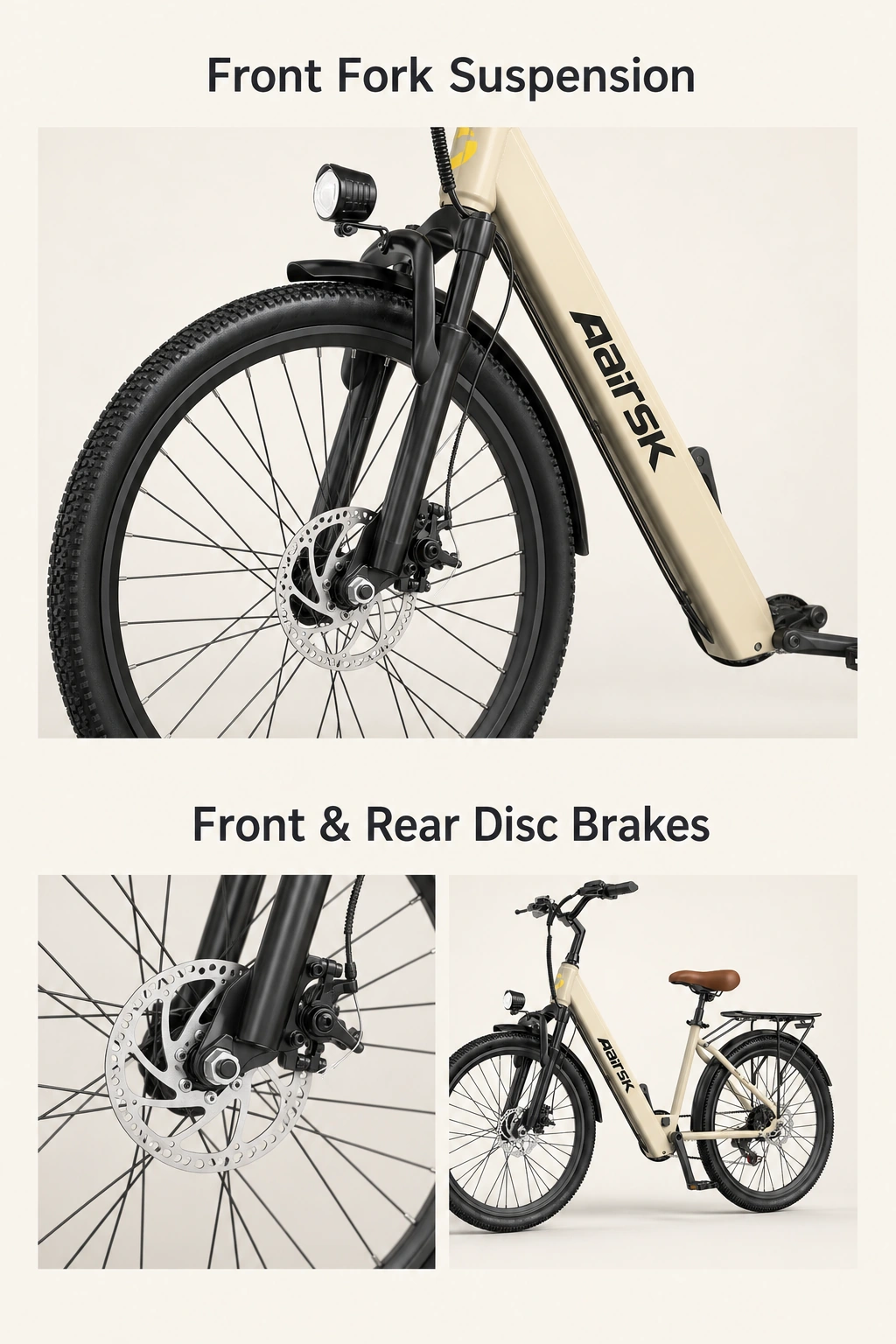 Tres paneles fotográficos muestran la horquilla negra, un freno de disco mecánico en detalle y la bicicleta, con títulos en inglés.