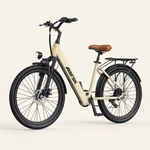 Bicicleta caqui en ángulo hacia la izquierda sobre fondo beige, con sillín marrón, portaequipajes y ambos guardabarros visibles.
