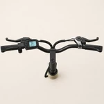Manillar negro con manetas de freno, puños texturizados, pantalla LCD, selector de marchas y potencia central sobre fondo beige.
