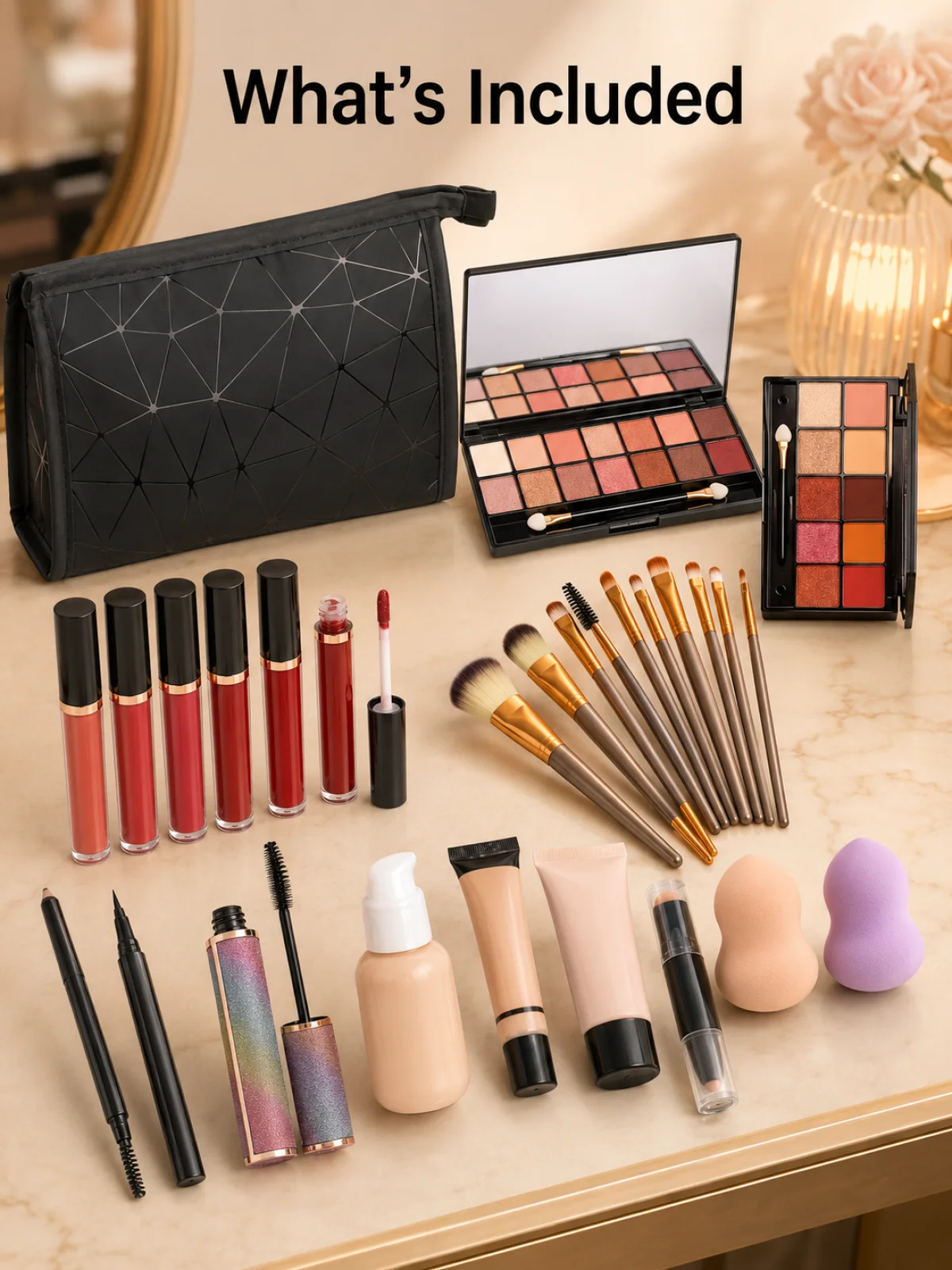 Inhalt des Make-up-Sets mit Paletten Pinseln Lippenartikeln Schwammapplikatoren und Tasche