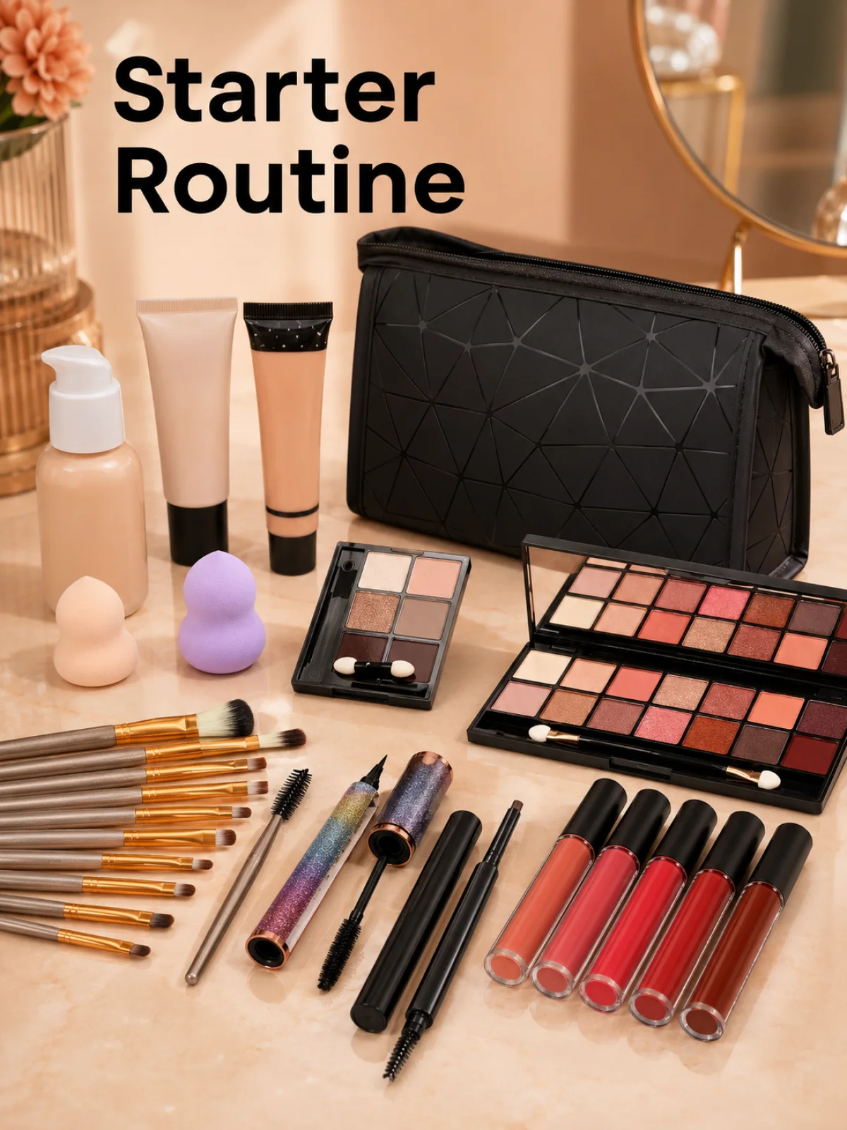 Starter-Routine mit Pinseln Schwammapplikatoren Lippenfarben und Basisartikeln