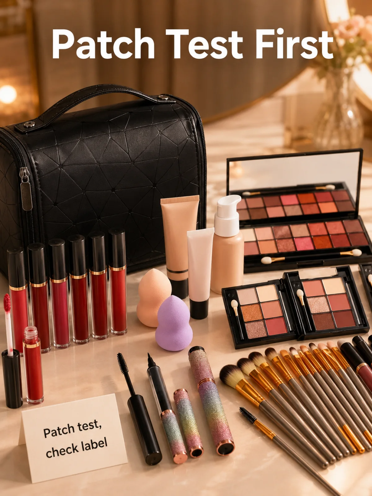 Patch-Test-Hinweis neben Make-up-Artikeln für Erwachsene