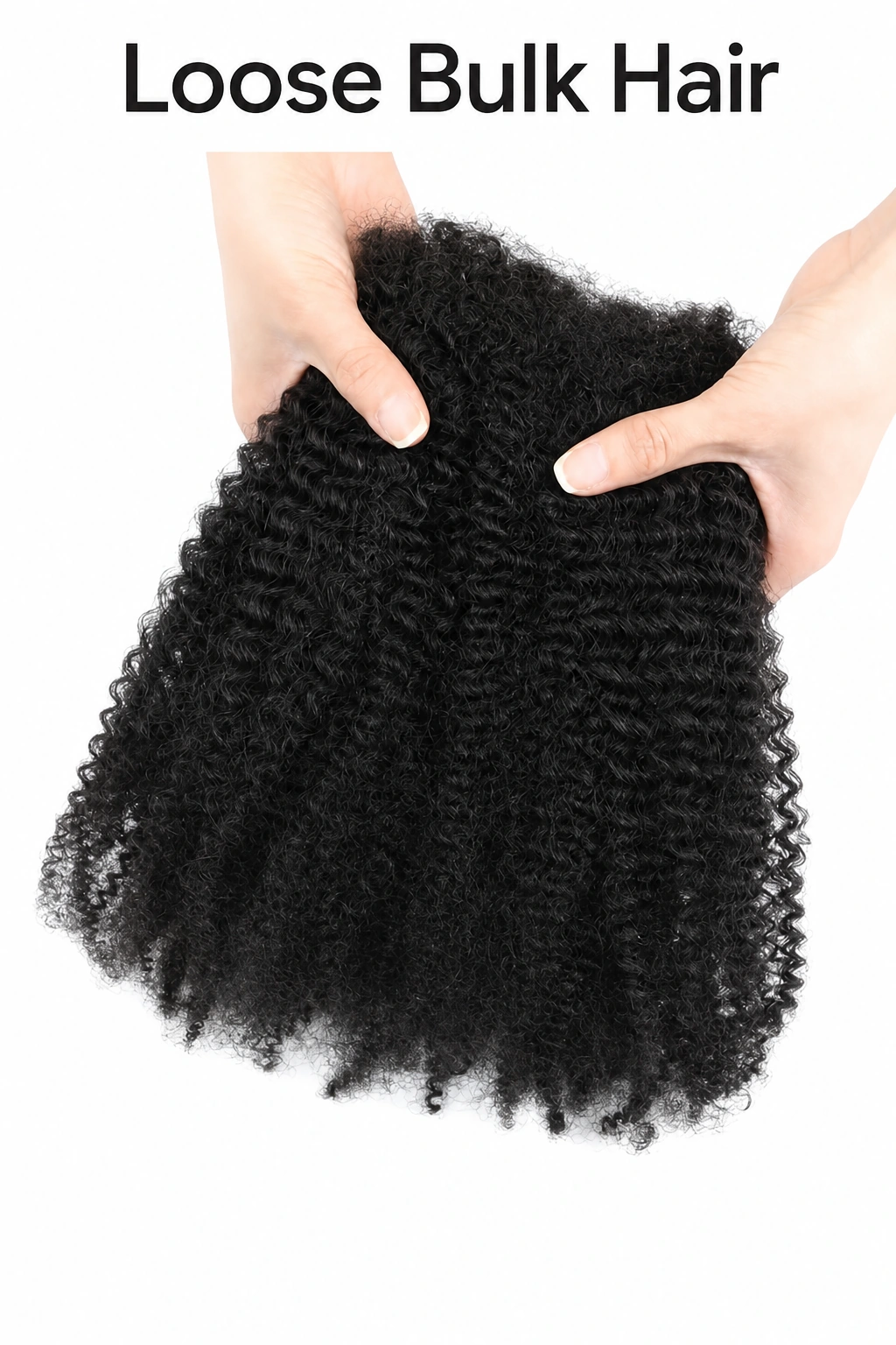 Duas mãos separam o cabelo escuro solto abaixo do título Loose Bulk Hair
