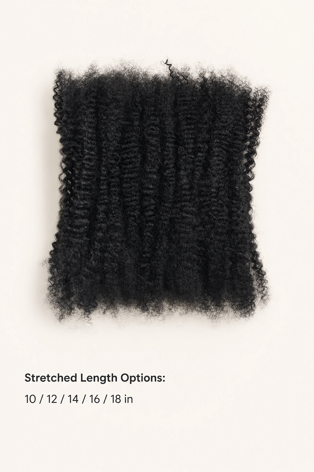 Cabelo afro crespo solto ao lado das opções de comprimento esticado de 10, 12, 14, 16 e 18 polegadas