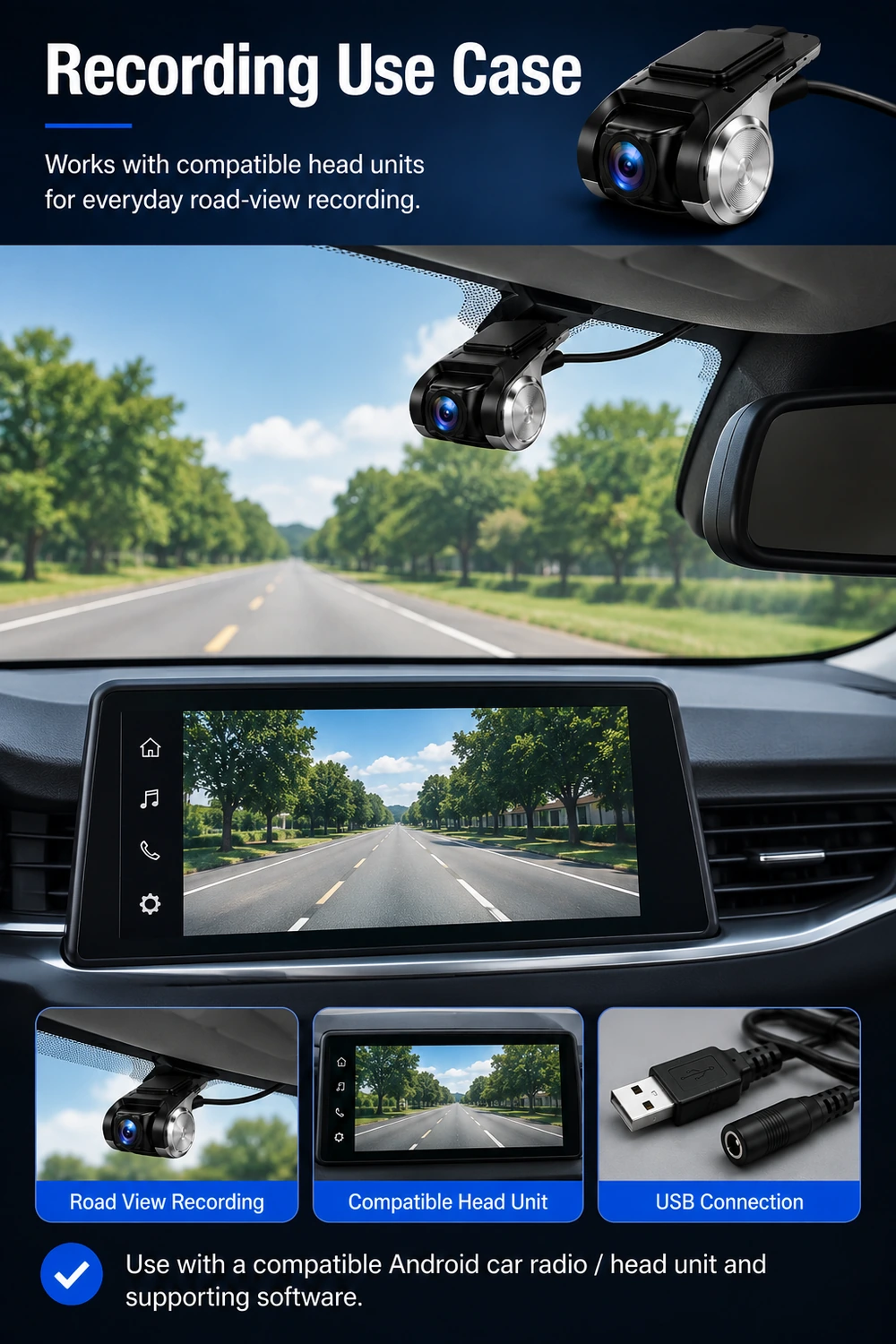 Configuration d’enregistrement avec autoradio Android compatible et mini caméra USB